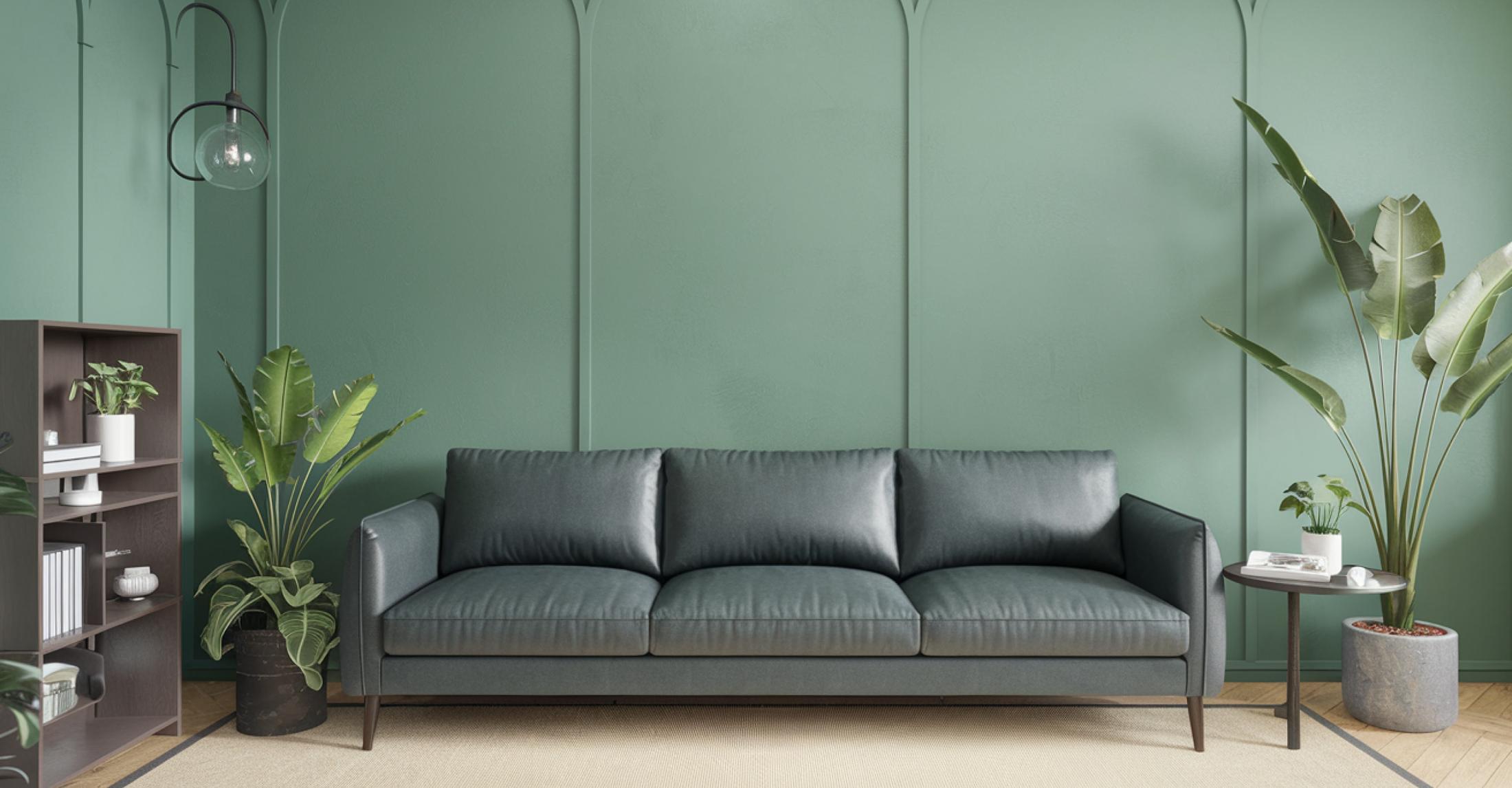 Living room with a sage green wall, a charcoal leather sofa and tall plants