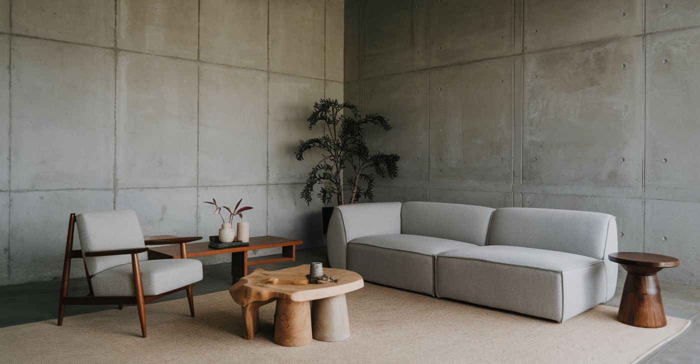 Grey modular sofa and wooden armchair in a concrete room